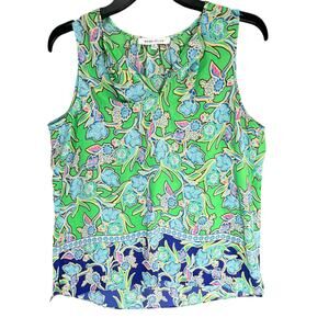 Rose + Olive Top Women M Green Blue Floral Sleeveless Flowy Colorful Summer Boho